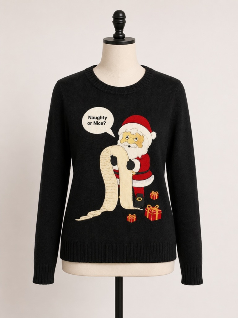 Atmosphere Naughty or Nice Santa Christmas Sweater Black Long Sleeve‎ Women's 6